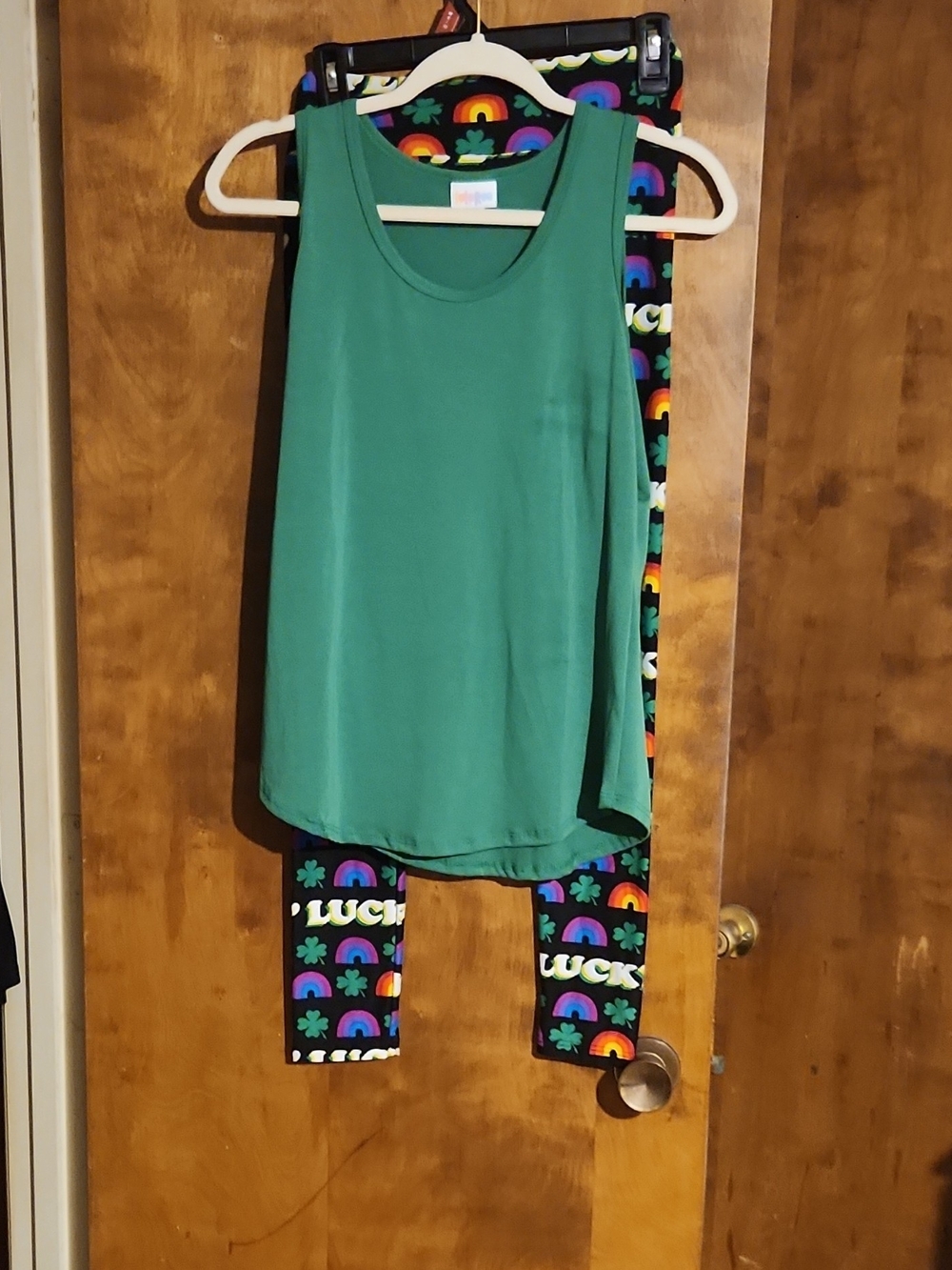 LuLaRoe Green Tank Top with Rainbow 'Lucky' Leggings Pajama Set